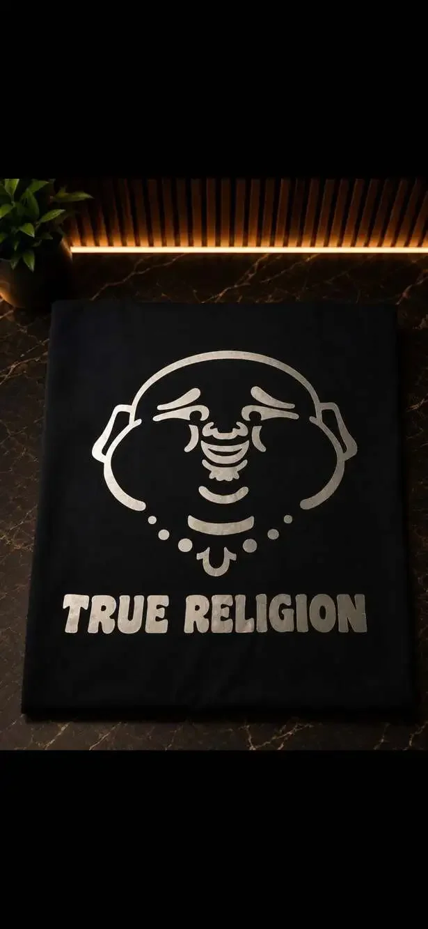 True Religion Men's Black Buddha Face Puff Print Crew Neck T-Shirt